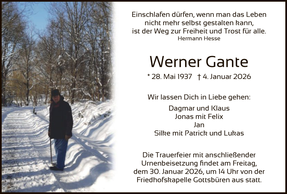  Traueranzeige für Werner Gante vom 24.01.2026 aus HNHNA