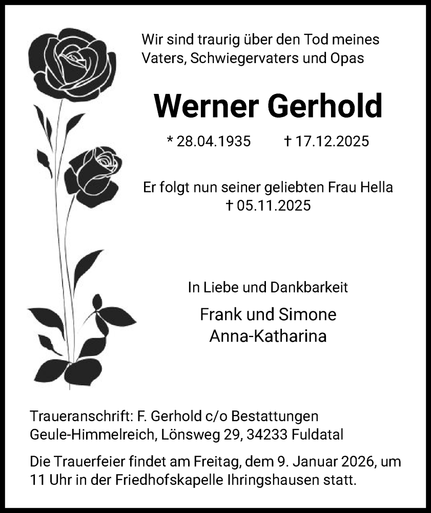  Traueranzeige für Werner Gerhold vom 03.01.2026 aus HNA
