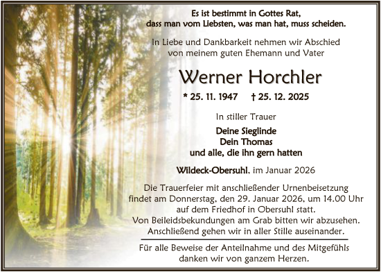 Traueranzeige von Werner Horchler von HNAHN