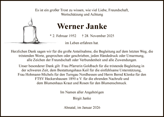 Traueranzeige von Werner Janke von HNA