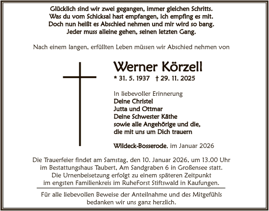 Traueranzeige von Werner Körzell von HNA