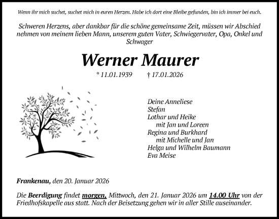 Traueranzeige von Werner Maurer von HNA