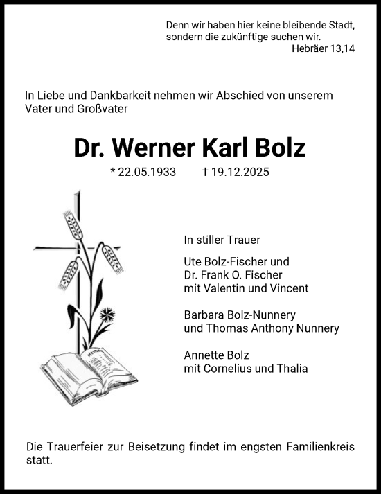 Traueranzeige von Werner Karl Bolz von HNA