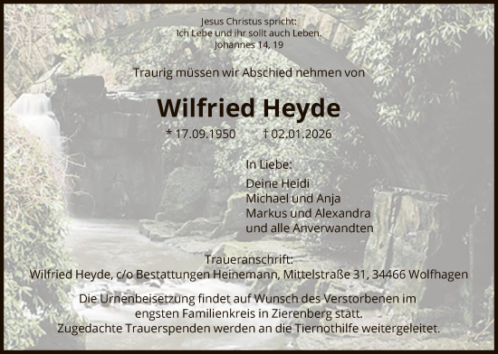 Traueranzeige von Wilfried Heyde von HNA