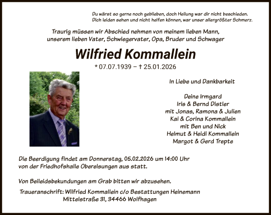 Traueranzeige von Wilfried Kommallein von HNA
