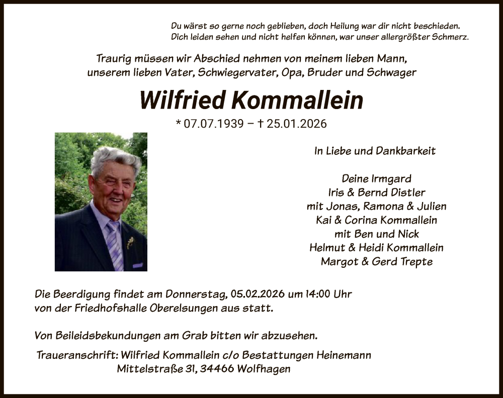  Traueranzeige für Wilfried Kommallein vom 31.01.2026 aus HNA