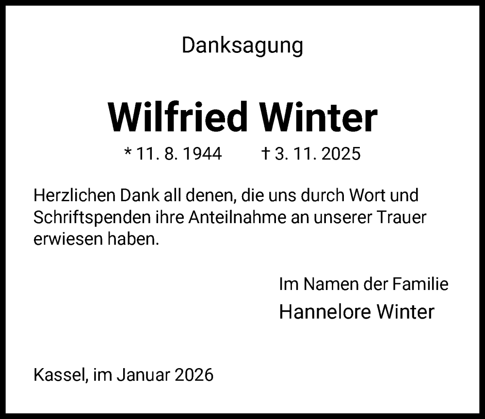  Traueranzeige für Wilfried Winter vom 10.01.2026 aus HNA