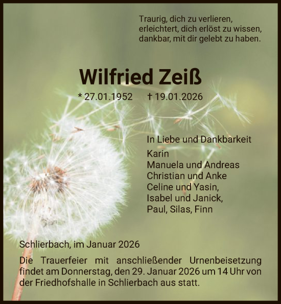 Traueranzeige von Wilfried Zeiß von HNAHNA