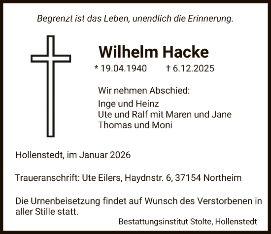 Traueranzeige von Wilhelm Hacke von HNA