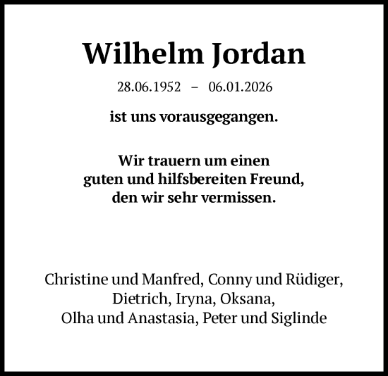 Traueranzeige von Wilhelm Jordan von HNA