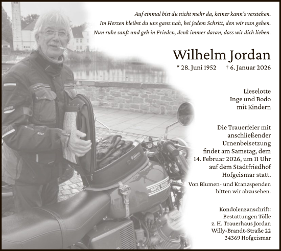 Traueranzeige von Wilhelm Jordan von HNHNA