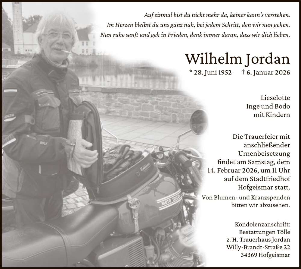 Traueranzeige für Wilhelm Jordan vom 24.01.2026 aus HNHNA
