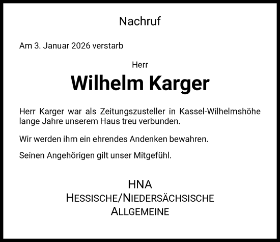 Traueranzeige von Wilhelm Karger von HNA