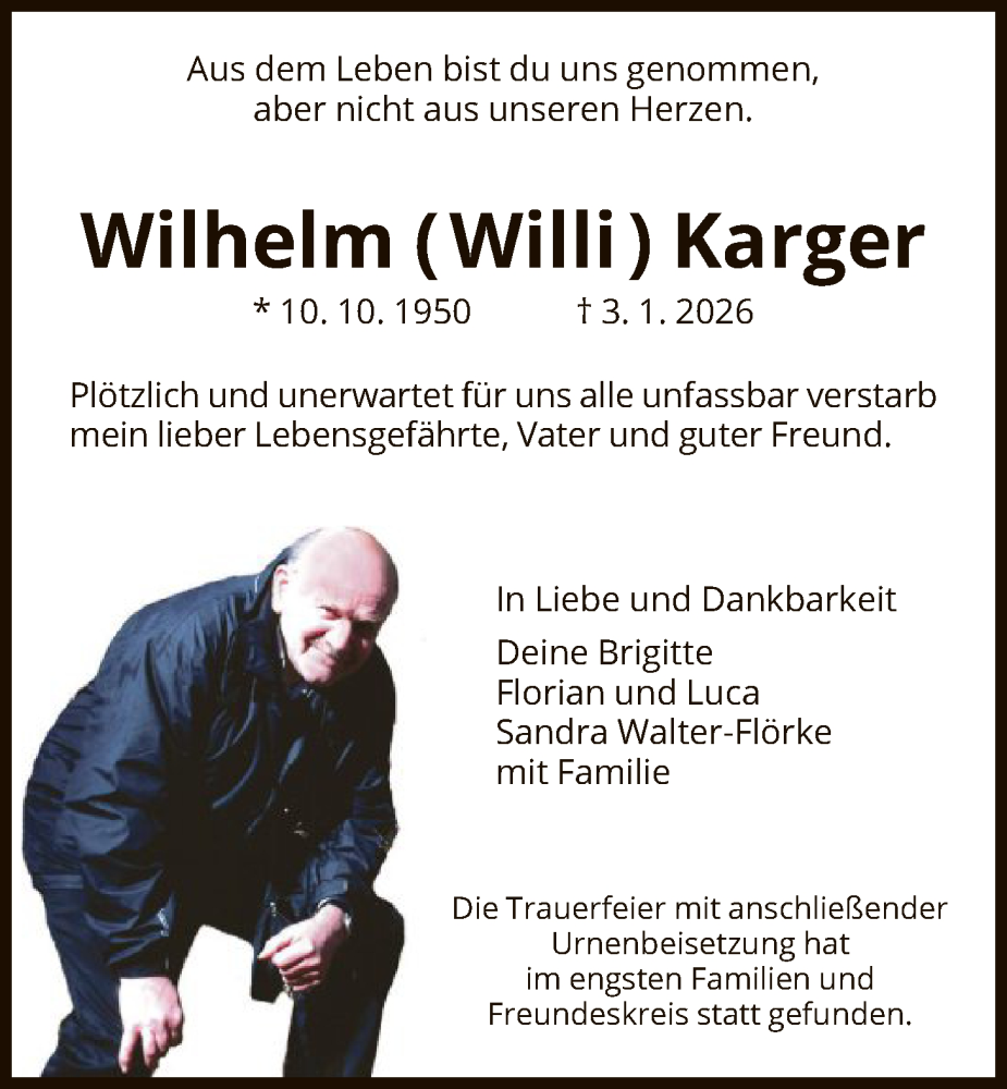  Traueranzeige für Wilhelm Karger vom 24.01.2026 aus HNA