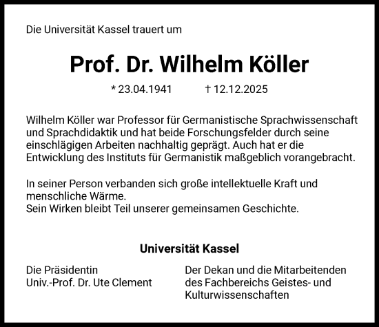 Traueranzeige von Wilhelm Köller von HNA