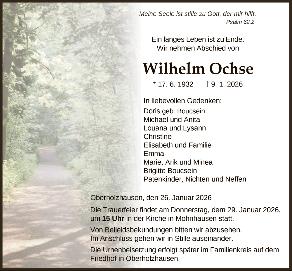  Traueranzeige für Wilhelm Ochse vom 26.01.2026 aus HNA