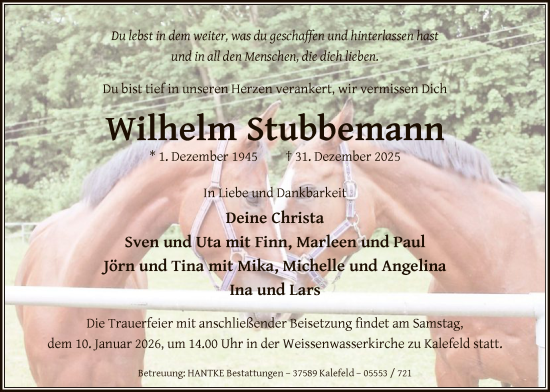 Traueranzeige von Wilhelm Stubbemann von HNA