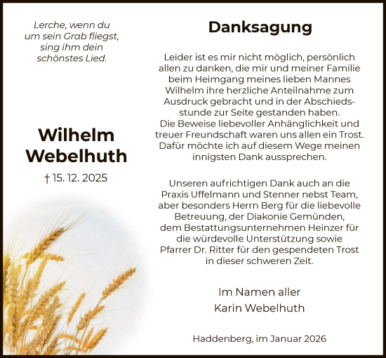 Traueranzeige von Wilhelm Webelhuth von HNA