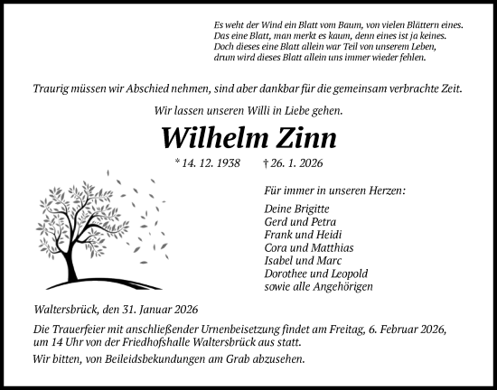 Traueranzeige von Wilhelm Zinn von HNA