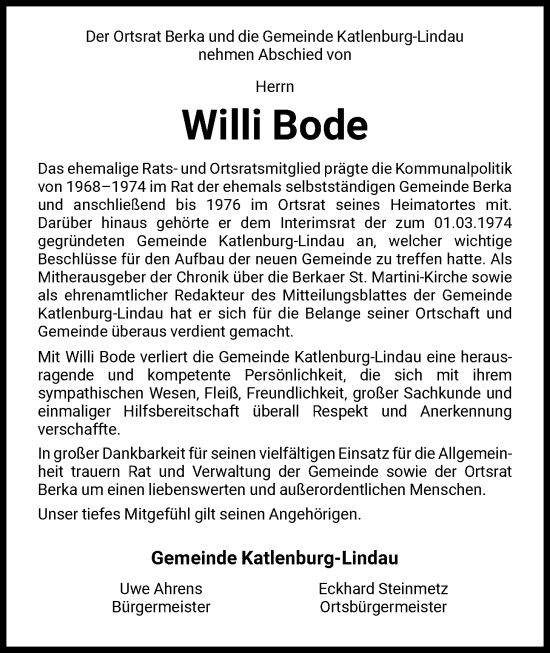 Traueranzeige von Willi Bode von HNA