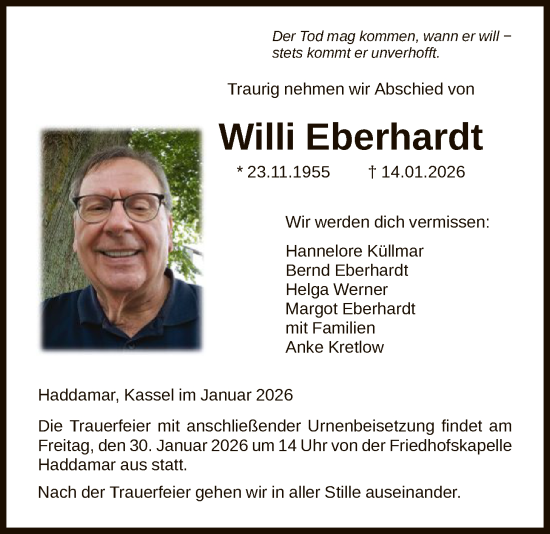 Traueranzeige von Willi Eberhardt von HNAHNA
