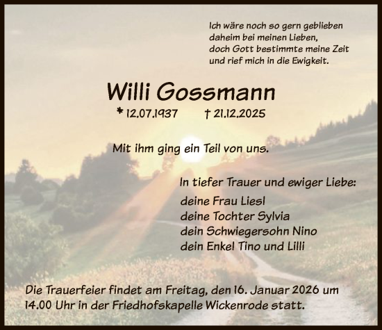 Traueranzeige von Willi Gossmann von HNA