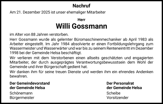 Traueranzeige von Willi Gossmann von HNA