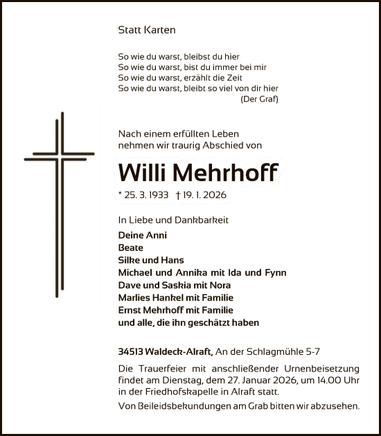 Traueranzeige von Willi Mehrhoff von WLZHNA