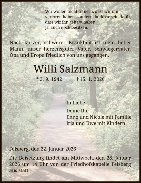 Traueranzeige von Willi Salzmann von HNA