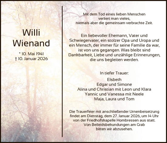 Traueranzeige von Willi Wienand von HNHNA