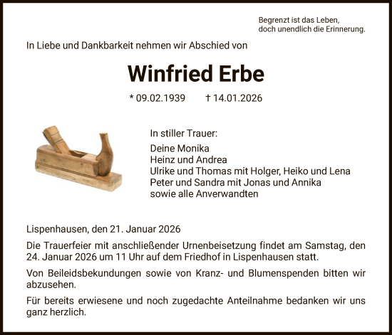 Traueranzeige von Winfried Erbe von HNA