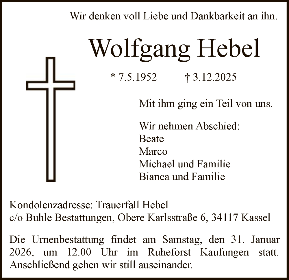  Traueranzeige für Wolfgang Hebel vom 17.01.2026 aus HNA