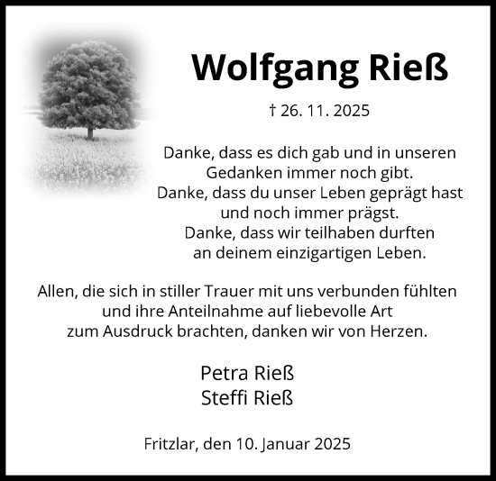 Traueranzeige von Wolfgang Rieß von HNA