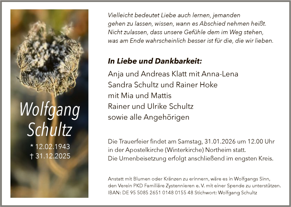  Traueranzeige für Wolfgang Schultz vom 17.01.2026 aus HNA