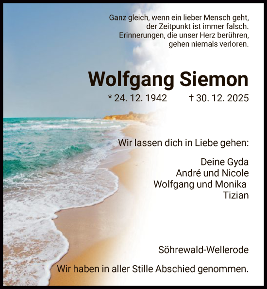 Traueranzeige von Wolfgang Siemon von HNA