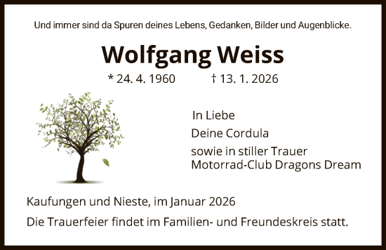 Traueranzeige von Wolfgang Weiss von HNA