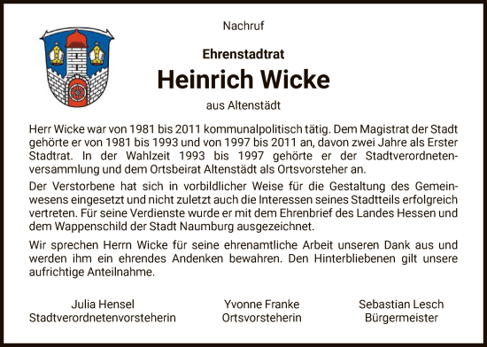 Traueranzeige von Heinrich Wicke von HNA