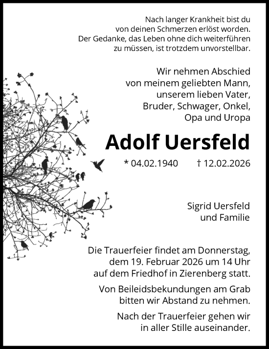 Traueranzeige von Adolf Uersfeld von HNA
