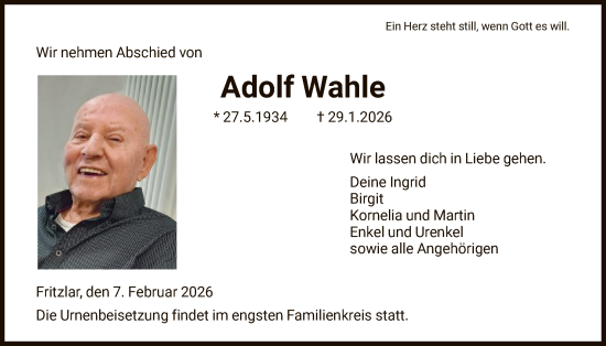 Traueranzeige von Adolf Wahle von HNA