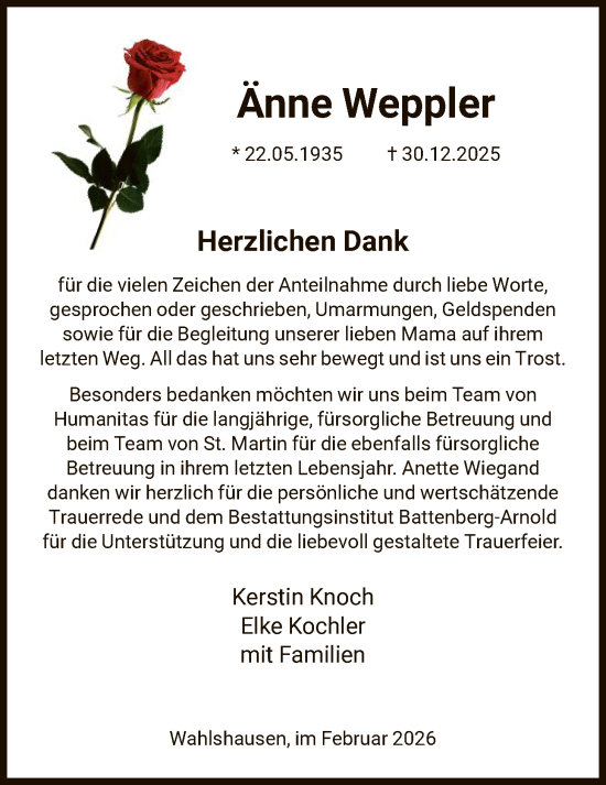 Traueranzeige von Änne Weppler von HNAHZ