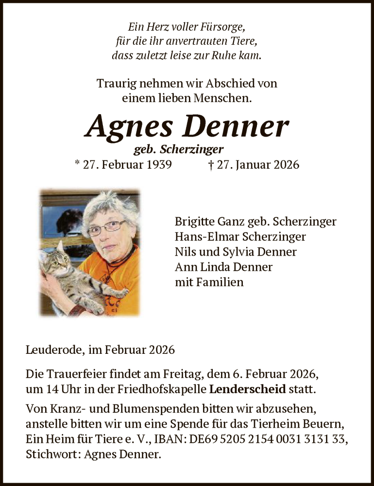  Traueranzeige für Agnes Denner vom 03.02.2026 aus HNAHNA