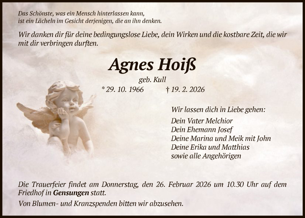  Traueranzeige für Agnes Hoiß vom 21.02.2026 aus HNA