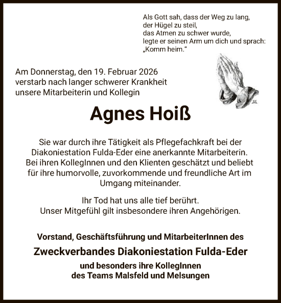 Traueranzeige von Agnes Hoiß von HNA
