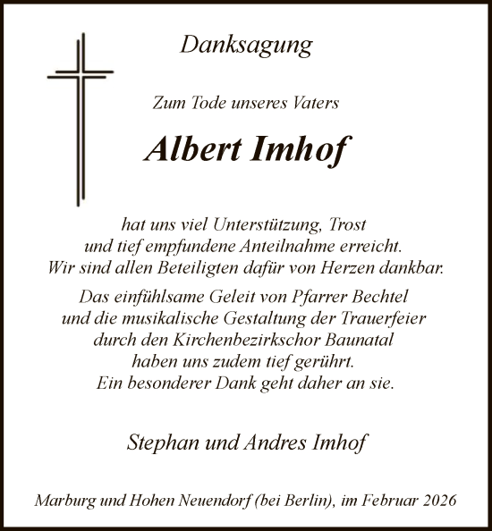 Traueranzeige von Albert Imhof von HNA