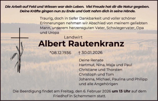 Traueranzeige von Albert Rautenkranz von WRSHNA