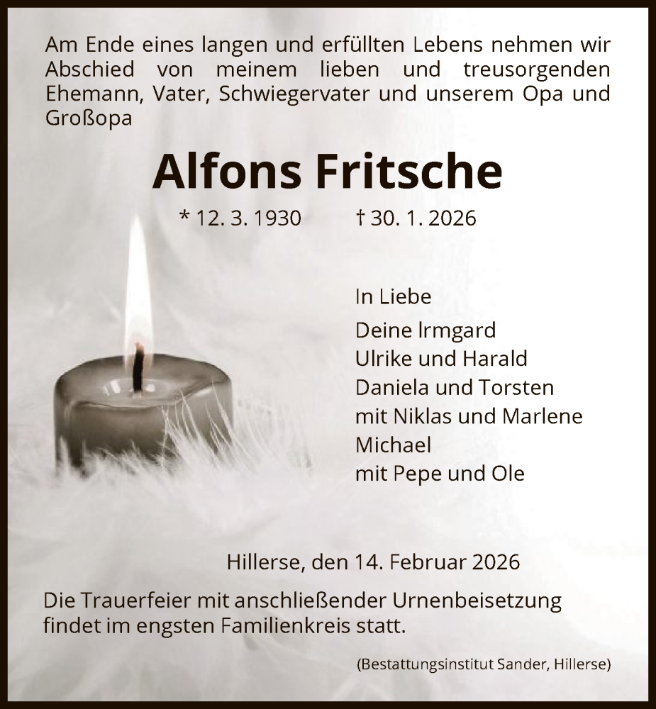  Traueranzeige für Alfons Fritsche vom 14.02.2026 aus HNA