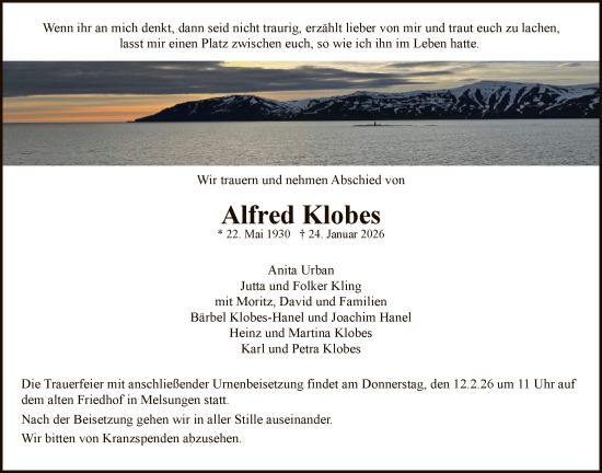 Traueranzeige von Alfred Klobes von HNA