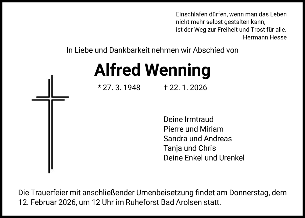  Traueranzeige für Alfred Wenning vom 07.02.2026 aus HNA