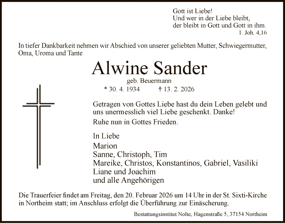  Traueranzeige für Alwine Sander vom 17.02.2026 aus HNA