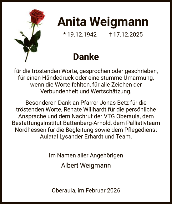 Traueranzeige von Anita Weigmann von HNAHZ